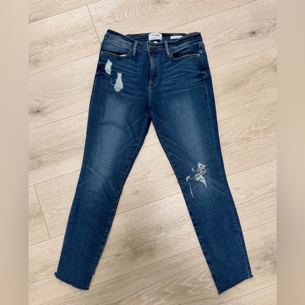 Frame Denim Distressed Ankle Jeans in Dark Blue